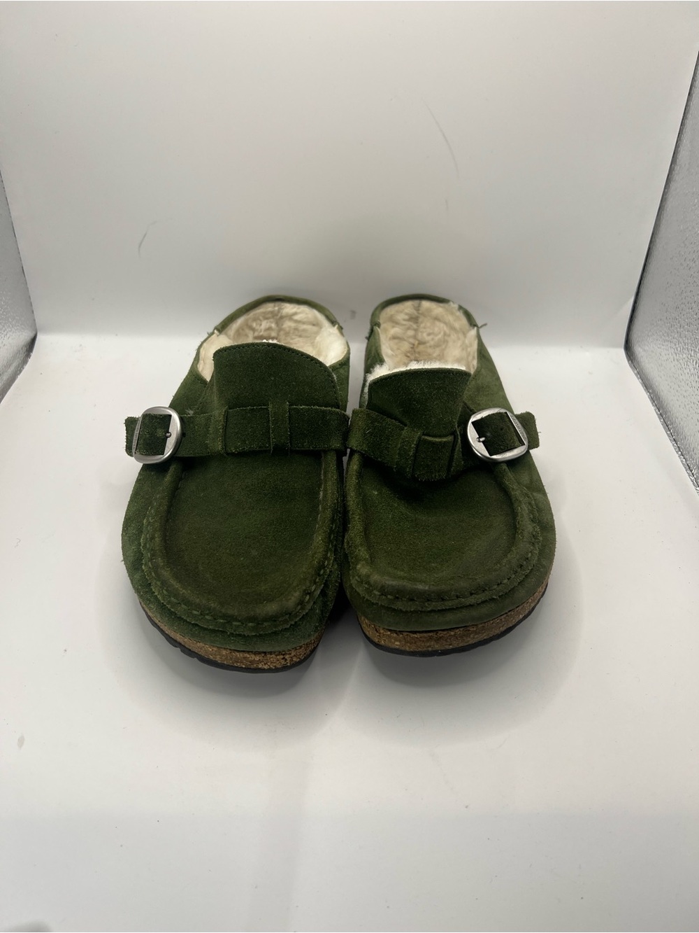 Birkenstock Olive Green Suede Shearling Clogs with Buckle - Picture 11 of 13